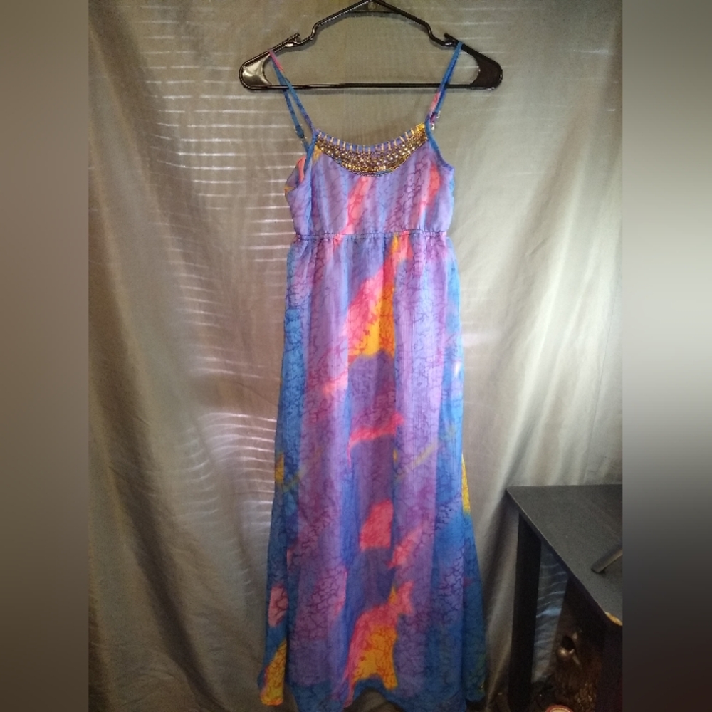 YD Vibrant Multicolored Lace Overlay Stud Trim Tie-Dye Maxi Summer Dress